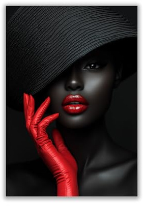 IEPOZWA Wandbild Modern Schwarz Frau, Sexy Frau mit Hut Abstrakte Kunst Bilder Gold Afrikanische Frauen Leinwand Bilder Wandkunst Leinwand Bilder - 40x60cm Ungerahmt(rot)