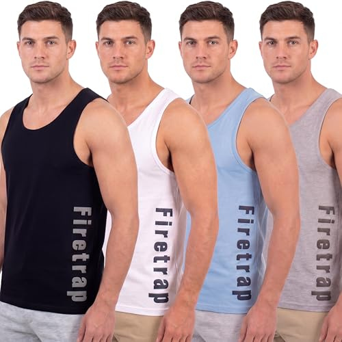 Firetrap Mens Designer Vest (4 Pack) - Sublimation Print Sleeveless Tank Tops - 100% Polyester Waffle Fabric - Summer Fashion, Beach, Gym & Training - S to XXL