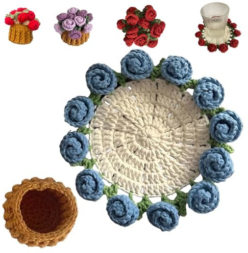 Handmade Crochet Flower Coaster Set, Floral Crochet Coaster with Pot, Finished Product Rose/Lily of the Valley Bouquet Coasters, Rose Bouquet Coasters for Home Tabletop Decor (Style B)