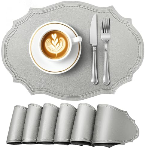 fanquare Graue Ovale Kunstleder Platzsets 6 Retro wasserdichte Hitzebeständige Nicht-Rutschende Tischsets für Drinnen Draußen Essen Küche 43x29,5CM