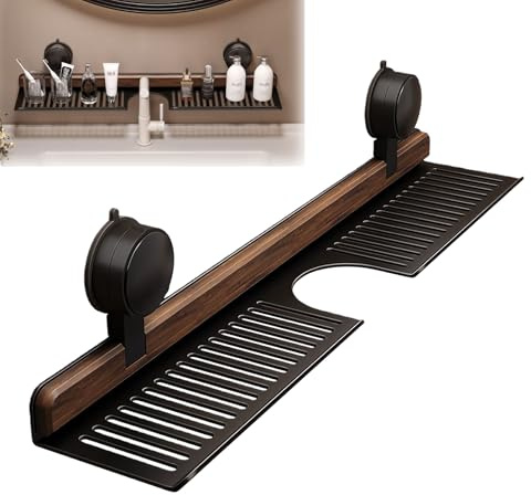 Behogan Waschbeckenregal über Wasserhahn mit Saugnapf, Walnuss-Regal für Badezimmer, Hängend Duschablage, Badregal ohne Bohren, Wasserhahn-Organizer, Holz-Wasserhahn-Aufbewahrungsregal (Schwarz,40cm)