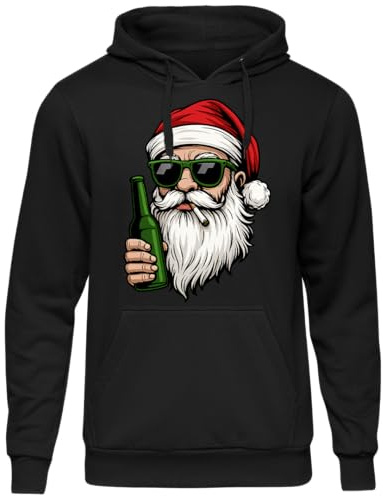 Weihnachtspullover Unisex – Lustiger Kapuzenpullover mit Santa, Bier & Zigarette – Ugly Christmas Sweater für Herren & Damen, witziges Nikolaus Geschenk zu Weihnachten