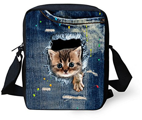 HUGS IDEA Kleine Umhängetasche für Damen, Denim, mit Katzen- und Hundemotiv, (Blau 2), Small