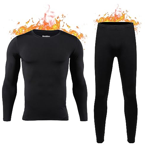 HEROBIKER Mens Thermal Underwear Set Skiing Winter Warm Base Layers Tight Long Johns Top & Bottom Set with Fleece Lined Black Medium