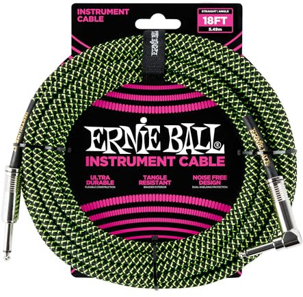 Ernie Ball 18 ft Braided Straight Angle Inst Cable Black Green