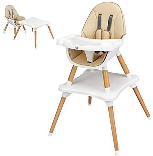 COSTWAY 4 in 1 Convertible High Chair, Multi-Functional Dining Highchair with Adjustable Legs, Detachable 4-Position Tray, 5-Point Seat Belt, Wooden Feeding Chair for Baby, Infants, Toddlers (Khaki)
