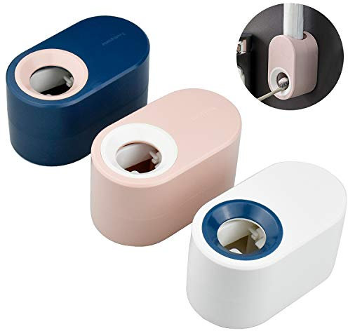 KARAA 3Pcs Automatisch Zahnpastaspender Auto Zahnpastasqueezer Selbstklebend Wandmontage für Waschraum Badezimmer Blau weiß rosa Kinder und Erwachsene Ohne Bohren