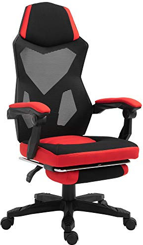 Vinsetto Silla de Oficina con Reposapiés Retráctil, Silla de Escritorio, Respaldo Reclinable 135°, Altura Ajustable, Ruedas 360°, Reposabrazos Acolchados, 58x63x112-122 cm Rojo y Negro