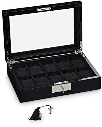 Hermann Jäckle - Uhrenbox Ensingen I für 10 Uhren I Holz I Uhrenkasten Schwarz Hochglanz-Poliert I Uhrenaufbewahrung für Armbanduhren I Uhr-Box I Uhrenetui