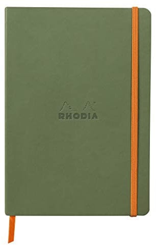 Rhodia 117440C - Notizheft Softcover Rhodiarama DIN A5 (14,8x21 cm), 80 Blatt, liniert Clairefontaine Papier Elfenbein 90g Lesezeichen, Gummizugverschluss, Cover aus Kunstleder Salbei, 1 Stück
