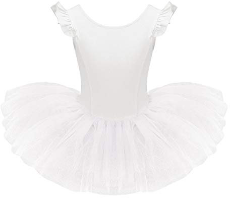 Odizli Ballet Leotard for Girls Kids Toddler Baby Ballerina Dance Costume Fly Sleeve Cotton Bodysuit Tulle Tutu Skirt Ballet Dress Gymnastic Skating Performance Dancewear Activewear White 5-6 Years
