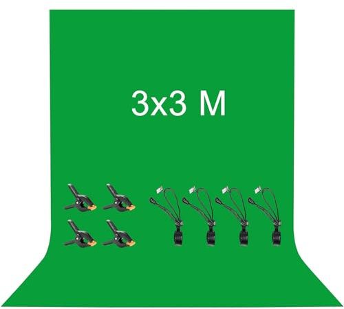 3 x 3M Toile de Fond Vert, Vevelux Green Screen avec 8 Clips Anti-Plis, 100% Polyester Fond Vert Pliable Lavable Durable pour Photographie, Vidéo, Camera, Photo, Prise de Vue Vidéo