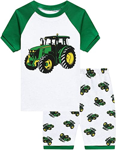 CM-Kid Schlafanzug Jungen Kurzarm Kinder Raglan Shorty Pyjama Set Sommer Baumwolle 5 6 Jahre Traktor Grün Gr.116