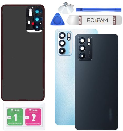 Eonpam Vitre Arrière pour Oppo Reno6 5G Origine Couvercle Batterie Remplacement avec Lentille de Caméra + Kit Réparation (Noir)
