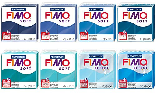 FIMO Pâte à modeler polymère Soft & Effect - 57 g - Lot de 8 - Tons bleus