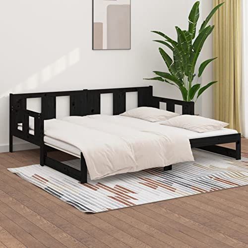 Gecheer Tagesbett Ausziehbar Holzbett Sofabett Schlafsofa Tagesbettgestell Ausziehbett Gästebett Bett Bettsofa Sofa Schlafplatz für Zwei Personen Schwarz Massivholz Kiefer 2X(90x200) cm