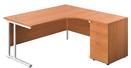 Office Hippo Heavy Duty Right Corner Radial Desk - 3 Drawer High Storage, Home & Office Use, 5 Yr Warranty, MFC - Beech, White Desk Frame, 160cm x 160.4cm