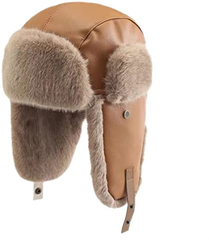 GIBZ Fliegermütze für Damen Plüsch Wintermütze mit Ohrenschutz Winddicht Leder Russisch Trappermütze, Khaki