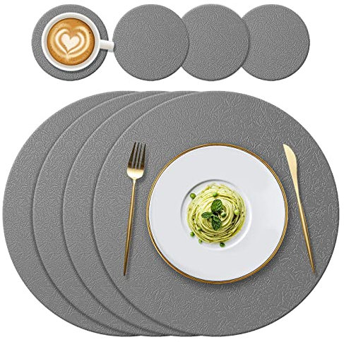 YUNJUER 4 Round Silicone Place mats + 4 Coasters Set, Heat-Resistant 450 °F Placemats, Non-Slip and Washable, Decoration Accessories for Home, Hotel, Dining Table, Indoor, Outdoor, (Dark Grey)