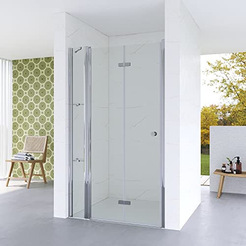 Duschtür Nische faltbar Falttür Nischentür Dusche 95 cm Duschabtrennung Glas Pendeltür Schwingtür Duschkabine mit Duschablage aus 5mm ESG Sicherheitsglas Verstellbereich von 93-96 cm Höhe 187 cm