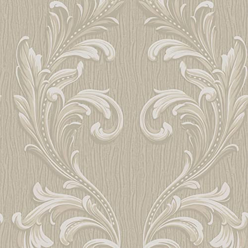 Belgravia Decor Tiffany Scroll Floral Trail Texture Vinyl Wallpaper Beige/Cream 41323
