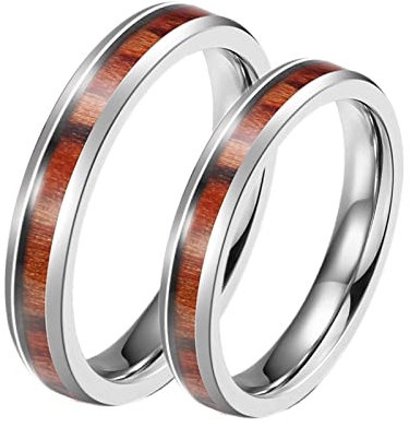KnBoB 2 Stück Verlobung Ringe Silber Paare Personalisiert, 4MM Partnerringe Edelstahl Ringe Holz Damen Gr.62 (19.7) & Herren Gr.57 (18.1)