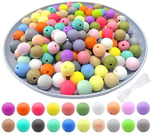 100 perline in silicone da 12 mm, perline rotonde in 20 colori in silicone per kit di creazione di portachiavi, perline in silicone in gomma, perline focali in silicone per collane e bracciali