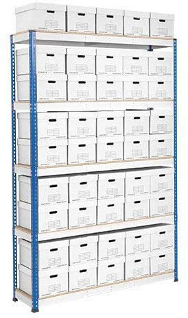 Horison Industries Garage Racking with Boxes, Box Shelving Unit, Garage Storage Solutions with Boxes, Shelving Units - Single Sided Archive Blue/grey, White - Storage with 45 Boxes - 2743x1830x455mm