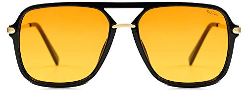 SOJOS Retro Sonnenbrille für Damen Herren,Polycarbonat Linse, Trendy Rechteckige Sonnenbrille 90er Jahre Schatten SJ2229 Black Yellow