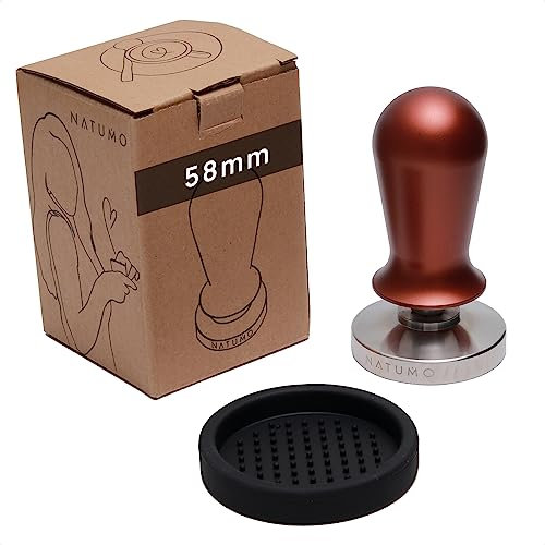 NATUMO Espresso Tamper 58mm, druckregulierend (15kg / 35lbs), Siebträger Zubehör, Kaffe Tamper Set mit Tampermatte (Bronze)