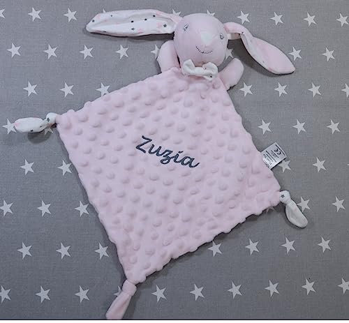 BotoBaby® - Schmusetuch mit Namen und Geburtsdatum - Kuscheltuch - (Rosa - Hase 3)