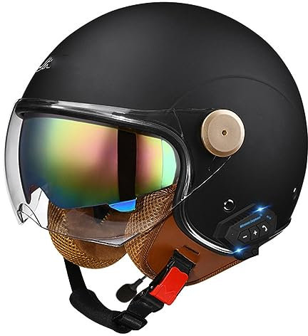 BGGNG Bluetooth Casques Moto Jet,ECE Homologué 3/4 Demi-Casque De Moto Vintage,Casque Moto Et Scooter Compact avec Anti Scratch Double Visiere Quatre Saisons Casques Moto A,XL=61-62cm