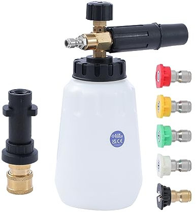 Aim Tools Foam Cannon Compatible with Karcher K2 K3 K4 K5 K6 K7 Pressure Washer, with 5 Nozzle Tips, 1/4 Inch Quick Connector, 1L Snow Foam Lance High Pressure Washer Jet Wash Soap Dispenser Bottle