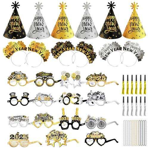 DPKOW Schwarz Gold Silber Silvester Deko 2026 Silvester Partyhüte Silvester Haarreif Silvester Brille Halsketten Tröten Silvester Accessories für Deko Silvester Party 2026