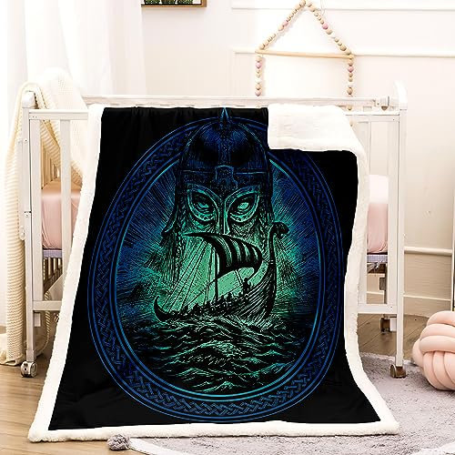 WIKINGER Kuscheldecke Sherpa Decke 100x130 cm Mikrofaser Super Weich und Warme Winter Blanket 3D Viking Wohndecke Kinder Fleecedecke Flauschige Sofadecke für Sofaüberwurf Tagesdecke