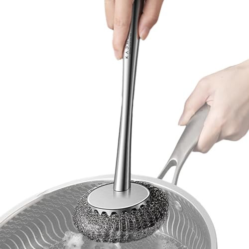 Estropajo con mango largo | Estropajo flexible de acero inoxidable con agujero para colgar - Gadgets de utilidad para sartenes antiadherentes, ollas de hierro, cuencos, fregadero de lavavajillas