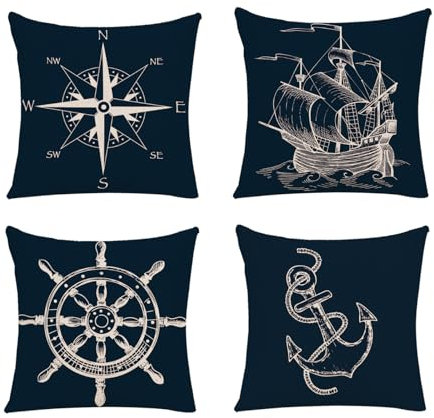 Spldsun 4 Stück Nautisch Kissenbezug, Kissenbezüge mit Nautischem Anker, Sofakissen Zierkissenbezüge, Dekorative Kissenbezüge mit Meeresmotiven für Bett, Sofa, Garten, Auto(45x45, 4 Stile)