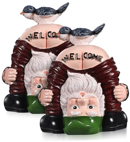 HOOTNEE 2 Pièces Nain de Poirier Signe de Bienvenue du Jardin des Gnomes Statue de Nain de Jardin Statue naine Statue de Bienvenue Ornements de Gnomes personnalité décorer Artisanat résine