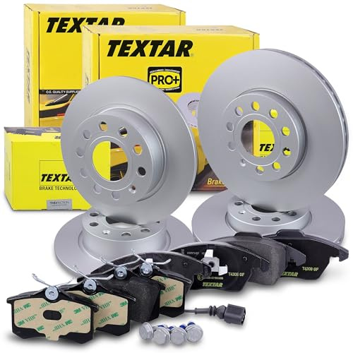 TEXTAR Bremsenset inkl. Bremsscheiben vorne Ø 288 mm innenbelüftet + hinten Ø 253 mm voll und Bremsbeläge vorne + hinten Kompatibel mit AUDI A3, SEAT LEON, SKODA OCTAVIA, VW BEETLE, GOLF, SCIROCCO