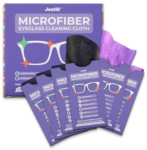 Jestik Microfiber Eyeglass Cleaning Cloths - Premium Microfiber Cleaning Cloth for Glasses, Lens Cleaner Wipes for Glass, Screens, Electronics & Other Delicate Surfaces. (Black/Purple - Pack of 6)