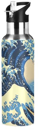 Niigeu Anime Grande Vague Kanagawa Bouteille d'eau Isotherme avec Paille en Acier Inoxydable Gourde, Sans BPA Gourdes Eau pour Enfant Sport Randonnée École Bureau (600ml/1L)
