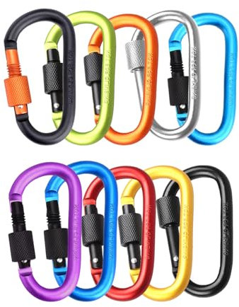 MORAINJAY 10 Pièces Mousqueton Aluminium en Forme D avec Verrouillage à vis,Mousqueton Tactique pour Camping, Extérieur,Vélo,Laisses de Chien(10 Couleurs)
