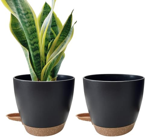 Kalizoi Maceta de 23 cm con plato, autoriego con agujeros de drenaje, maceta para plantas interiores y exteriores (juego de 2, negro)