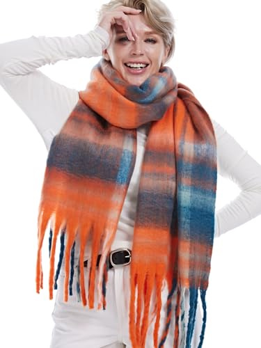 Style Slice Women's Scarves, Ladies Oversized Winter Scarf for Women Uk Scottish Blanket Shawl Tartan Wraps Scarfs Women, Orange