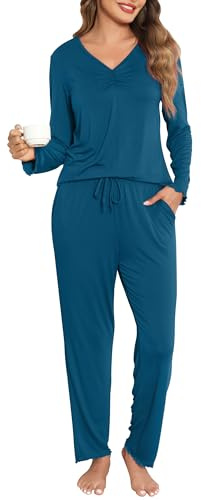 Wikoan Pigiama Donna Set Morbido 2 Pezzi Scollo a V Donna Pigiama Set, Manica Lunga Pigiama Top e Pantaloni con Tasche,S-XXL