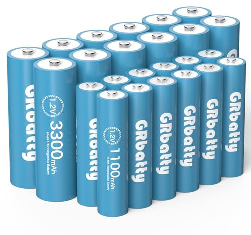 GRbatty Piles Rechargeables AA AAA 1,2V NiMH, Pile Rechargeable 12PCS AA 3300mAh et 12PCS 1100mAh 1200 Cylces Longue Durée Ultralife