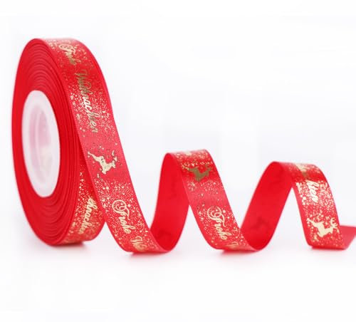 JunGG 22m Schleifenband Satinband Geschenkband Weihnachtsband mit Frohe Weihnachten (Rot 1.5cm)