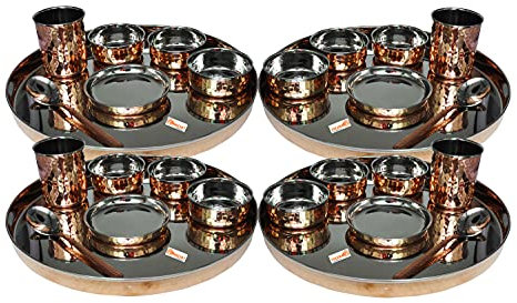 Service de table indien traditionnel de 25 pièces en acier inoxydable et cuivre avec assiette, bols, gobelet et cuillère - Diamètre : 33 cm