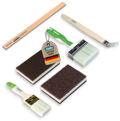 mako Lasurset 6-teilig mit Flachpinsel, Plattpinsel & Schleifschwamm | Kein Borstenbruch, hohe Farbaufnahme - ERGO 2K-Griff mit Dreh-Kipp-Funktion, 100 mm Flächenstreicher & Rührholz