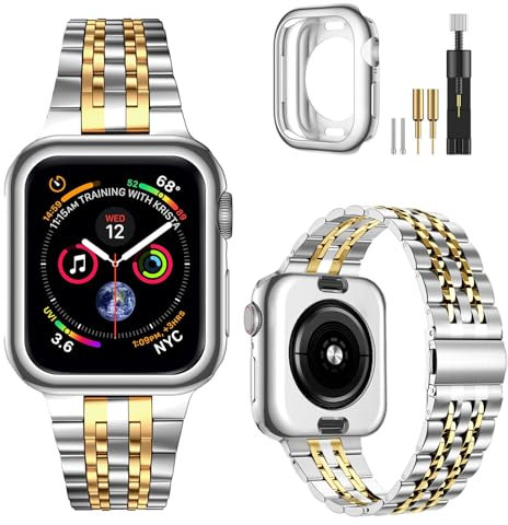 MioHHR Correa compatible con Apple Watch de 46 mm, correa de metal de acero inoxidable sólido para iWatch Series 10, hombres y mujeres (plata/dorado)